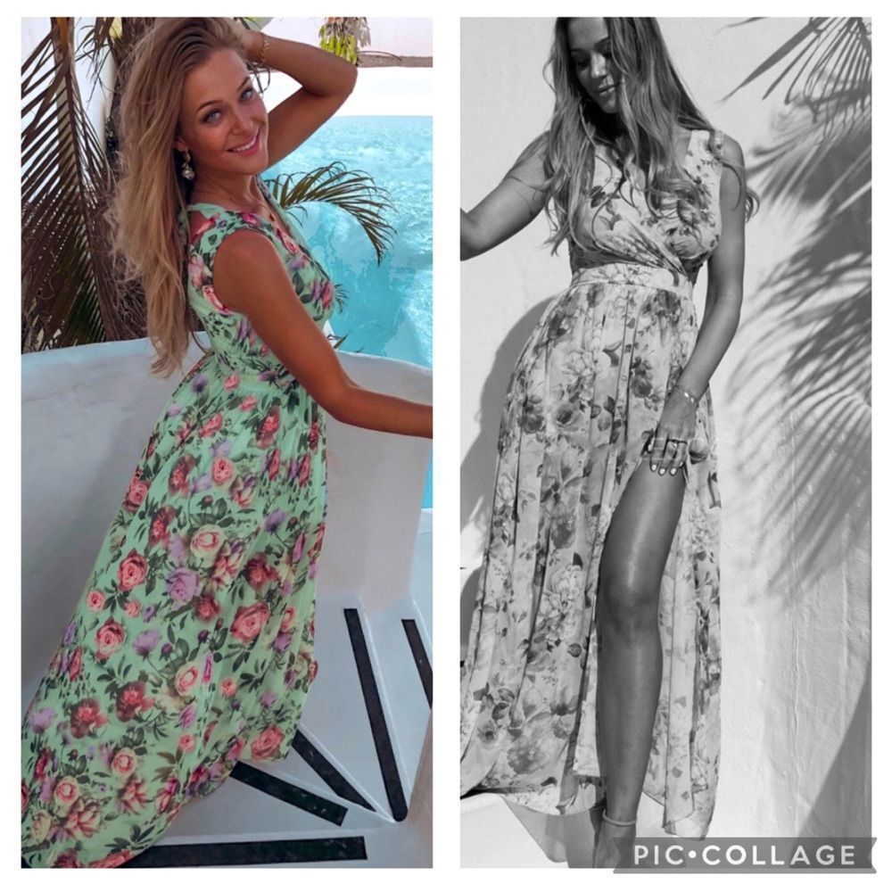 NWOT Green and pink floral maxi dress, size large, sleeveless, v-neck
